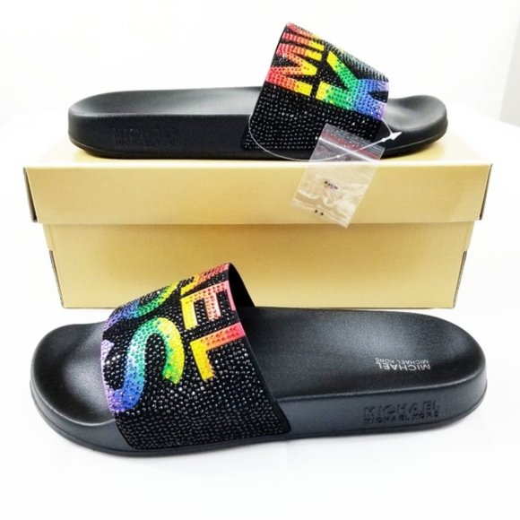 Michael Kors Gilmore Slides Black Rainbow Crystals - Picture 12 of 12